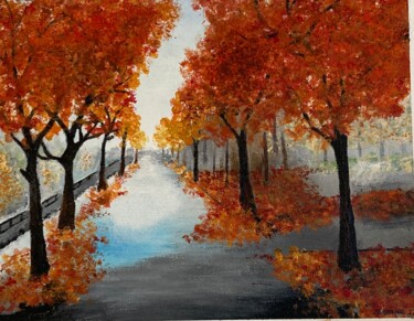 Painting titled "L’allée orange" by Joelle Adami, Original Artwork, Acrylic Mounted on Wood Stretcher frame