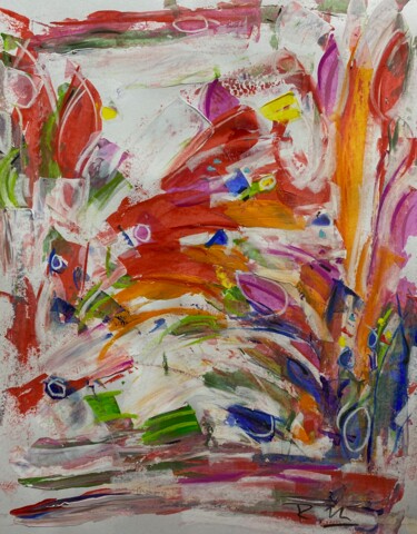 Fleurs oranges et rouges dans une tempête Painting titled "Fleurs oranges et r…" by Regine Blot, Original Artwork, Acrylic Mounted on Wood Panel