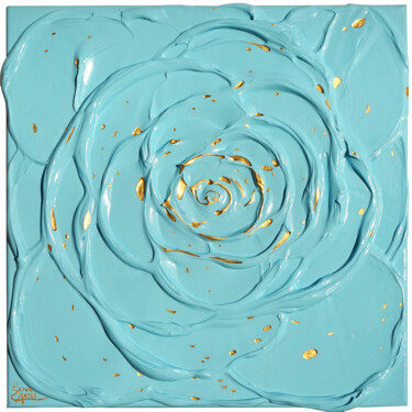 Little Blue Rose with a Touch of Gold II. Painting titled "Little Blue Rose wi…" by Sarah I. Avni, Original Artwork, Acrylic Mounted on Wood Stretcher frame