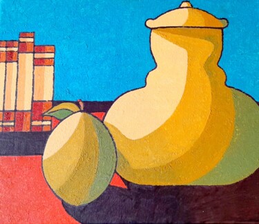 Nature morte avec citron , bombonnière et livres . Schilderij getiteld "Nature morte avec c…" door Bertrand Jost, Origineel Kunstwerk, Acryl