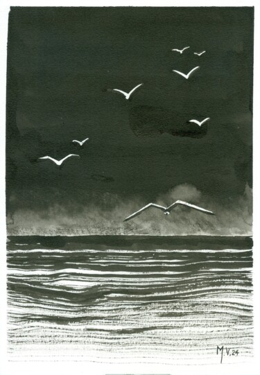 Dessin intitulée "Marine sombre" par Michel Van Den Bogaerde, Œuvre d'art originale, Encre