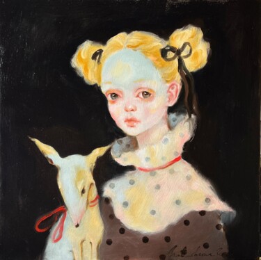 Painting titled "Red Ribbon"" by Isolde Pavlovskaya, Original Artwork, Oil Mounted on Wood Stretcher frame