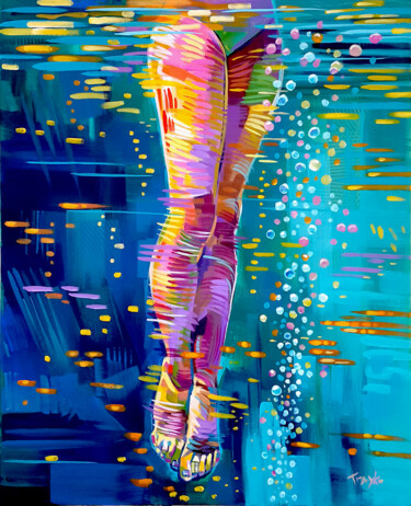 Painting titled "Underwater swimming…" by Trayko Popov, Original Artwork, Acrylic Mounted on Wood Stretcher frame