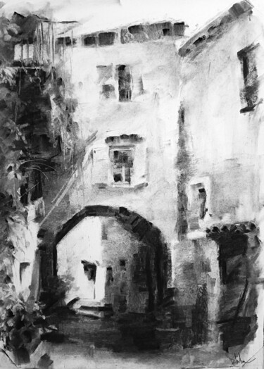 Dessin intitulée "Landscape street" par Diego Martínez (Plata), Œuvre d'art originale, Fusain