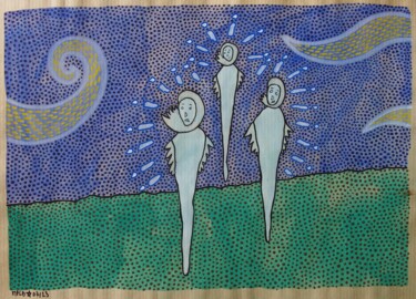 Drawing titled "Fées grises sur cie…" by Laurent Mangepapier, Original Artwork, Watercolor