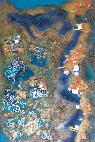 Pattern squares on copper and Emeraldldld Surface Collages titled "Pattern squares on…" by Lynda Rosemarie Stevens, Original Artwork, Collages