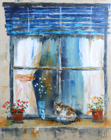 绘画 标题为“Le Chat à la fenêtre” 由Axelle Bosler, 原创艺术品, 油 安装在木质担架架上