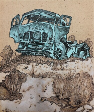 图画 标题为“''Abandoned car''3” 由Raffi Ghazaryan, 原创艺术品, 中性笔 安装在纸板上