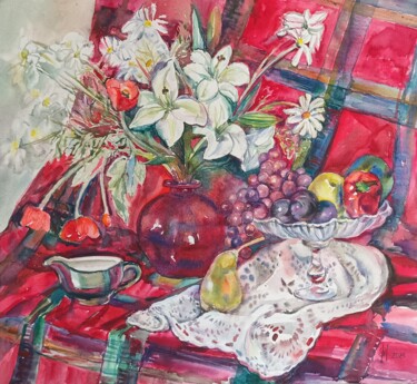 Still life White Lillie's in a red vessel and fruits. 제목이 "Still life White Li…"인 미술작품 Galina Hannemann로, 원작, 수채화