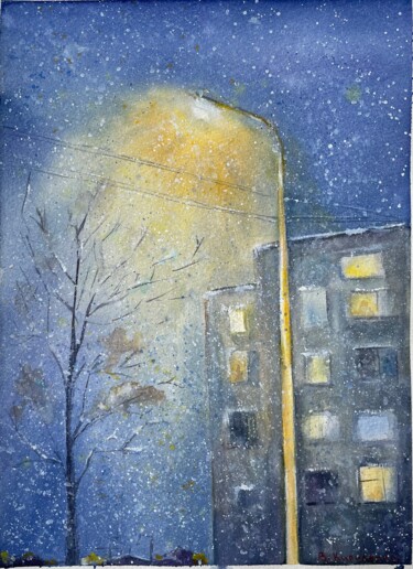 Snowfalling, original watercolour art , hand painted Malarstwo zatytułowany „Snowfalling, origin…” autorstwa Viktoriia Kyrylenko, Oryginalna praca, Akwarela