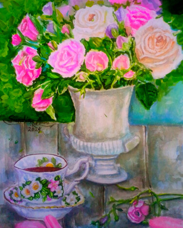 Flowers in a vase still life watercolor painting Peinture intitulée "Flowers in a vase s…" par Watercolor Whisper, Œuvre d'art originale, Aquarelle
