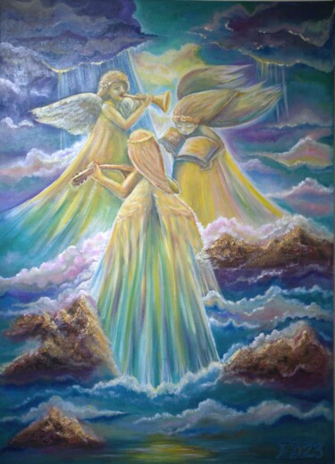 绘画 标题为“Trio. Angels” 由Elena Dunaeva, 原创艺术品, 油 安装在木质担架架上