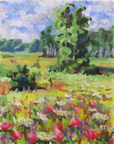 Painting titled "Sunny summer day" by Kateryna Bortsova, Original Artwork, Oil Mounted on Wood Stretcher frame