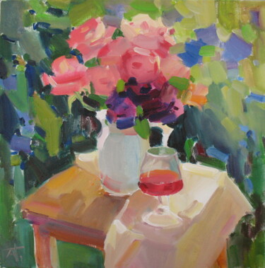 Roses and wine 「Roses and wine」というタイトルの絵画 Anna Trachukによって, オリジナルのアートワーク, オイル ウッドストレッチャーフレームにマウント