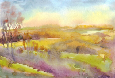 Autumn sunset watercolor painting 8х12 Malerei mit dem Titel "Autumn sunset water…" von Alexandra Zatelepina, Original-Kunstwerk, Aquarell