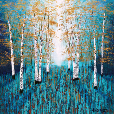 Golden Blue Birch Wood Pittura intitolato "Golden Blue Birch W…" da Amanda Horvath, Opera d'arte originale, Acrilico Montato su Telaio per barella…