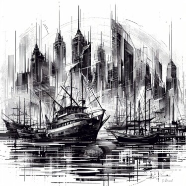 图画 标题为“Big City Harbor” 由Stéphanie Roussel, 原创艺术品, 铅笔