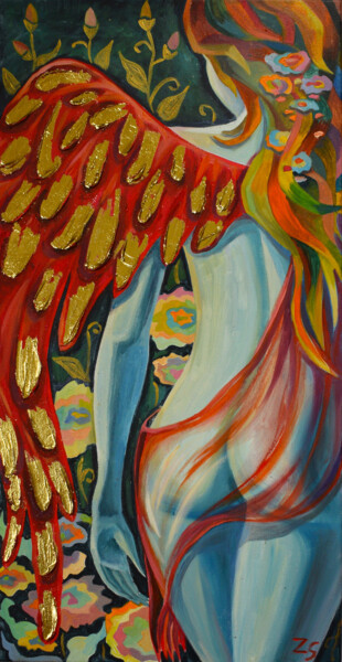 Painting titled "angel3" by Zora, Original Artwork, Oil Mounted on Wood Stretcher frame