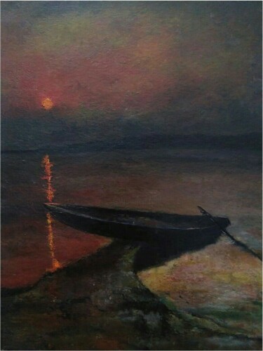 Peinture intitulée "Boat and red sunset" par Sasha Brisac, Œuvre d'art originale, Acrylique