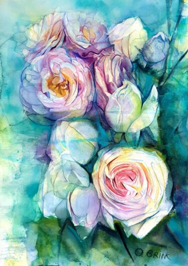 Painting titled "Roses" by Olga Brink Art, Original Artwork, Watercolor Mounted on Cardboard