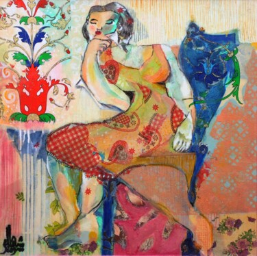 Painting titled "Bonsoir" by Chahla Soummer, Original Artwork, Collages Mounted on Wood Stretcher frame