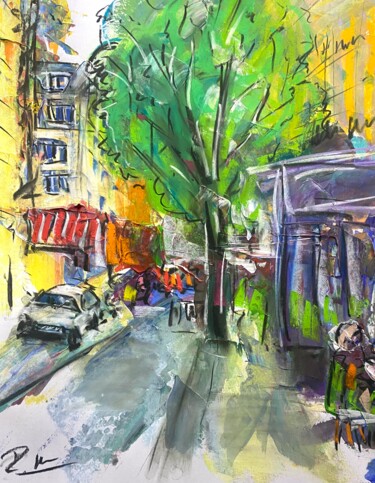 Painting titled "Rue en zone piétonne" by Regine Blot, Original Artwork, Acrylic Mounted on Wood Panel