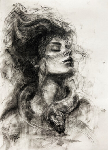 Drawing titled "Girl with a snake 6…" by Iryna Kopyrina, Original Artwork, Charcoal