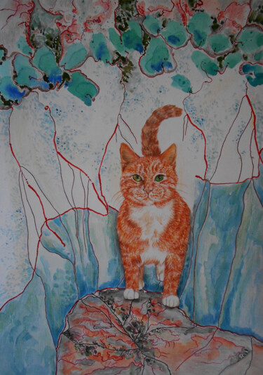 Peinture intitulée "Cat" par Athanasia Karatza, Œuvre d'art originale, Aquarelle