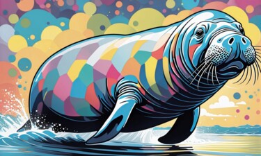 「Playful Seal in a S…」というタイトルの絵画 Elina Kharitonovaによって, オリジナルのアートワーク, アクリル ウッドストレッチャーフレームにマウント