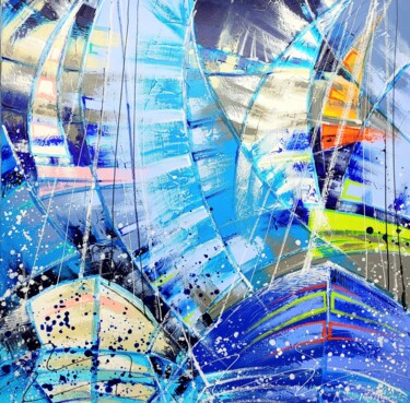 Peinture intitulée "PLEINE MER EN BLEU" par Myriam Guenaizia, Œuvre d'art originale, Huile