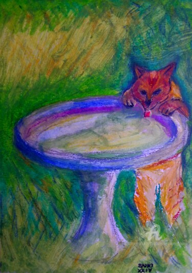 Peinture intitulée "Chat assoiffe" par Slobodan Spasojevic (Spaki), Œuvre d'art originale, Pastel