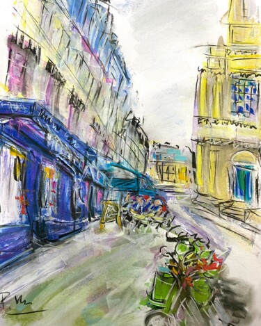 Painting titled "Café avec église et…" by Regine Blot, Original Artwork, Acrylic Mounted on Wood Panel