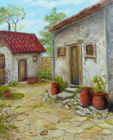Painting titled "Petite cour" by H. Oriaut, Original Artwork, Oil Mounted on Wood Stretcher frame