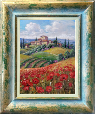 The hill of poppies - Tuscany painting landscape & frame Peinture intitulée "The hill of poppies…" par Domenico Ronca, Œuvre d'art originale, Huile Monté sur Châssis en bois