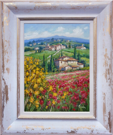 Spring blossom - Tuscany painting landscape & frame Ζωγραφική με τίτλο "Spring blossom - Tu…" από Domenico Ronca, Αυθεντικά έργα τέχνης, Λάδι Τοποθετήθηκε στο Ξύλινο φορείο σκε…