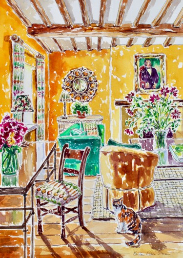 Cat's In A Cottage With A Silver Spoon Pittura intitolato "Cat's In A Cottage…" da Kristen Olson Stone, Opera d'arte originale, Acquarello