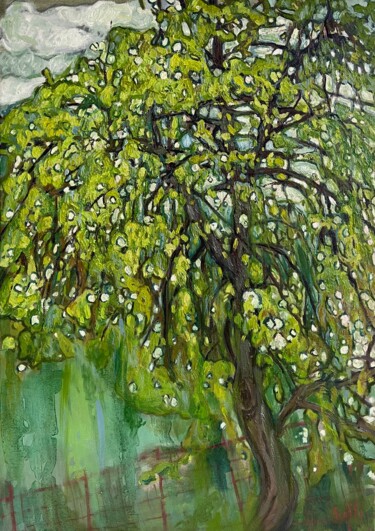 Painting titled "''Pear tree''" by Raffi Ghazaryan, Original Artwork, Oil Mounted on Wood Stretcher frame