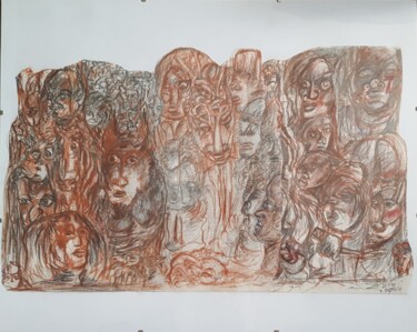 Tekening getiteld "" Mascarades"" door Thierry Pujalte, Origineel Kunstwerk, Conté Gemonteerd op Glas