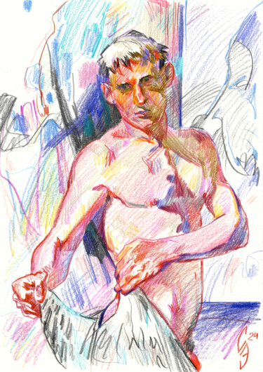 Σχέδιο με τίτλο "Young man after sho…" από Sergey Sovkov, Αυθεντικά έργα τέχνης, Κοντέ