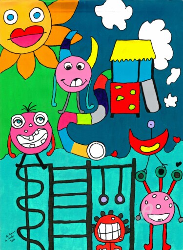 Peinture intitulée "Samedi au parc" par La Peigneuse De Girafes, Œuvre d'art originale, Acrylique
