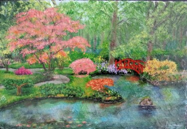 Painting titled ""Le petit pont roug…" by Alain Favé, Original Artwork, Acrylic Mounted on Stone