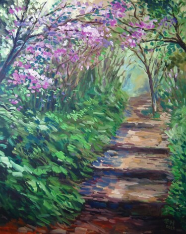 Pintura intitulada "Flower Path" por Ellen Fasthuber-Huemer, Obras de arte originais, Óleo Montado em Armação em madeira