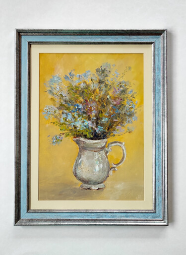 Forget-me-nots original oil painting still life flowers 绘画 标题为“Forget-me-nots orig…” 由Olga Ponomarenko, 原创艺术品, 油 安装在纸板上