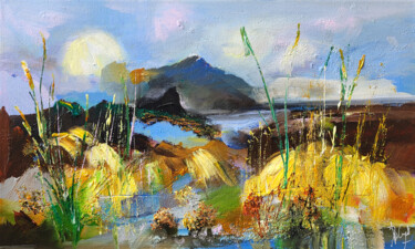 Painting titled "La Montagne Bleue" by Muriel Cayet, Original Artwork, Acrylic Mounted on Wood Stretcher frame