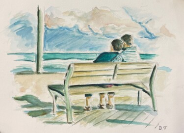 Painting titled ""Le banc des sentim…" by Dimitri Vincent, Original Artwork, Watercolor