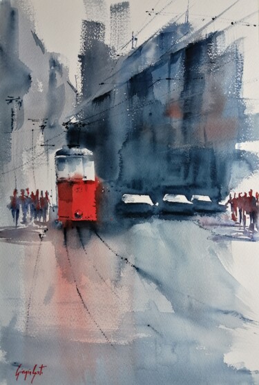 Pittura intitolato "tram in Milan 28" da Giorgio Gosti, Opera d'arte originale, Acquarello