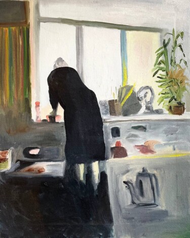 Painting titled "Anna cleans the win…" by Tatyana Orlova, Original Artwork, Oil