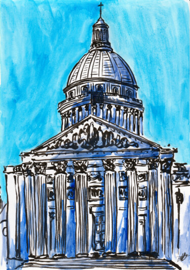 Schilderij getiteld "Le Panthéon" door Antoine Dazy, Origineel Kunstwerk, Aquarel