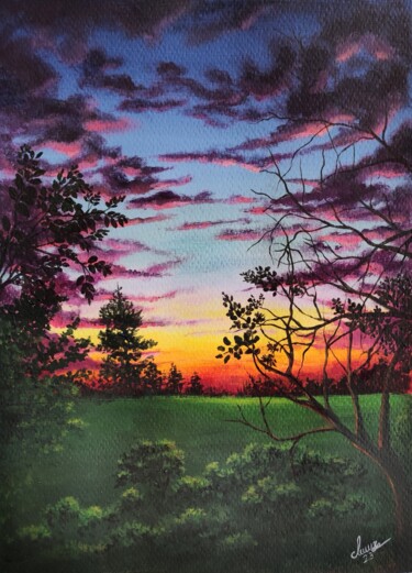 绘画 标题为“Sunset in the forest” 由Fineartderya, 原创艺术品, 丙烯
