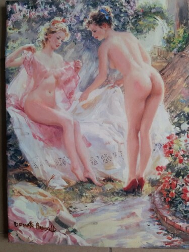 Schilderij getiteld "INES NUDA CON L'AMI…" door Bruscella Donato, Origineel Kunstwerk, Olie Gemonteerd op Frame voor houten…